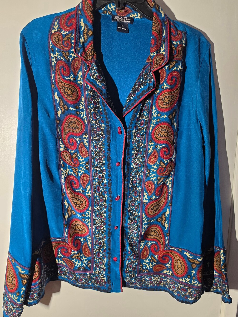 Lucky Brand Teal Blue Paisley-Trim Button Front Jacket